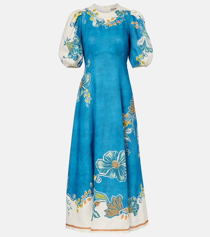 ALM Luda Floral Puff Sleeve Linen Midi Dress