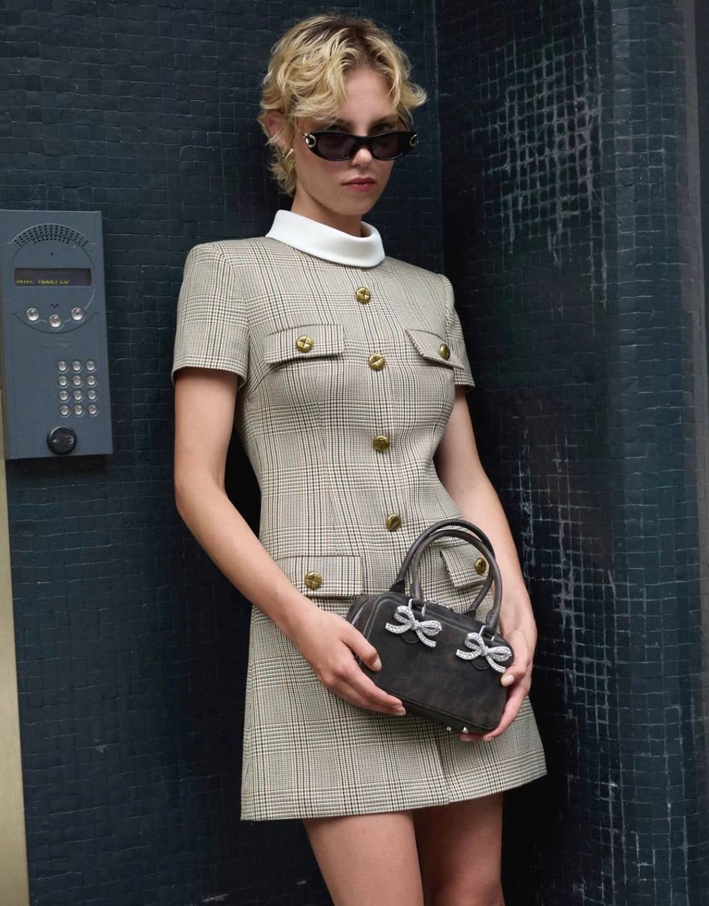 SP Check Wool Short-sleeved Mock neck Mini Dress