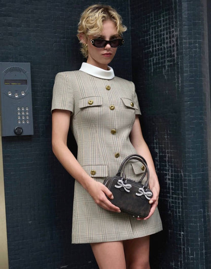 SP Check Wool Short-sleeved Mock neck Mini Dress