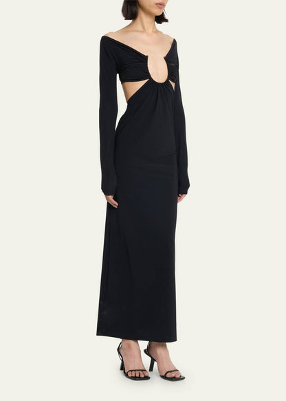 CE Odessa Ruched Prong Long Sleeve Cutout Jersey Maxi Dress