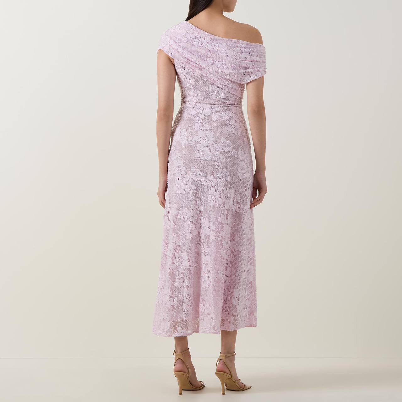 SP Pink Rhinestone Floral Lace Off Shoulder Midi Dress