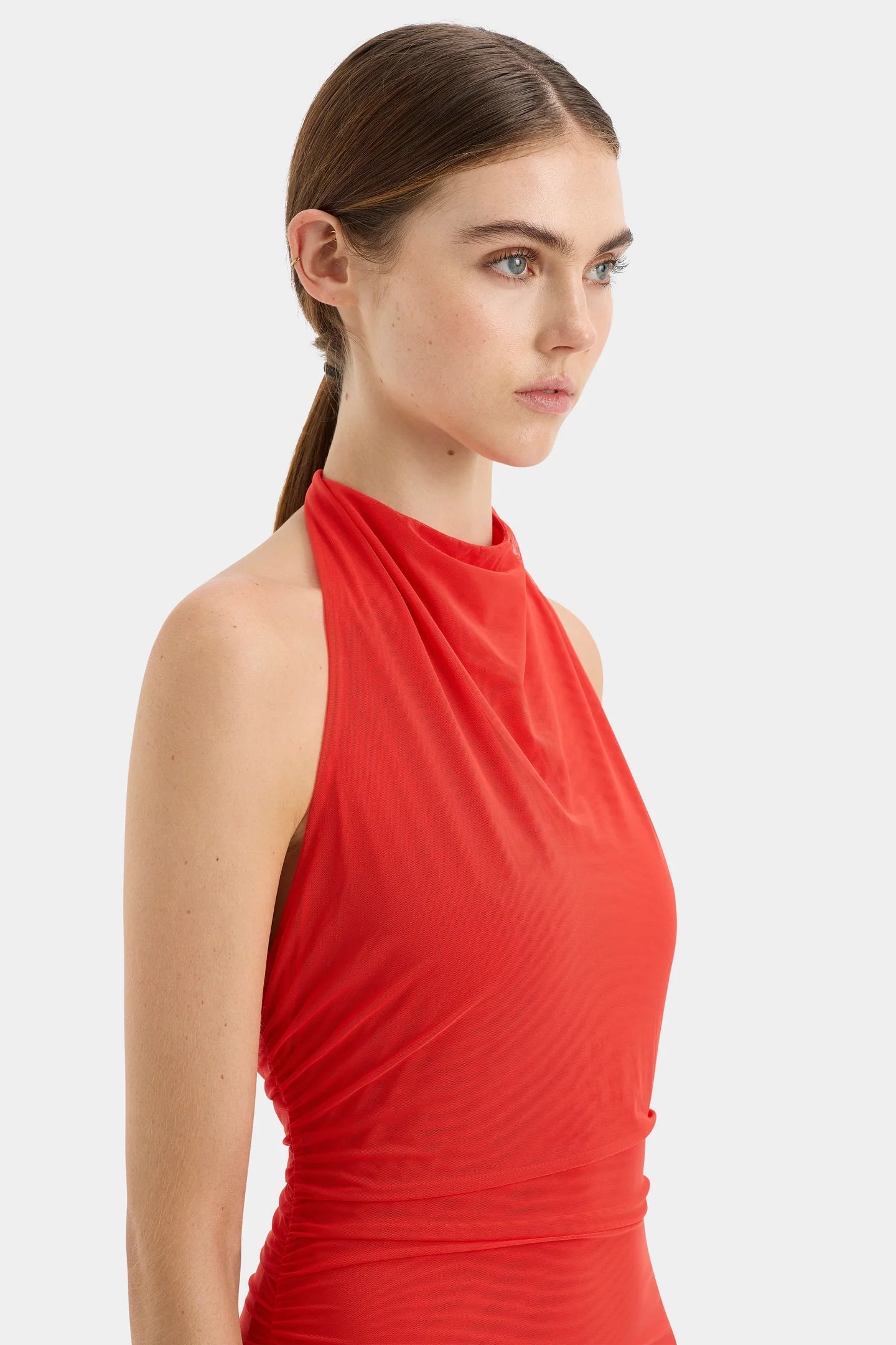 STL Jacques Mesh Halter Midi Dress in Pomelo Red