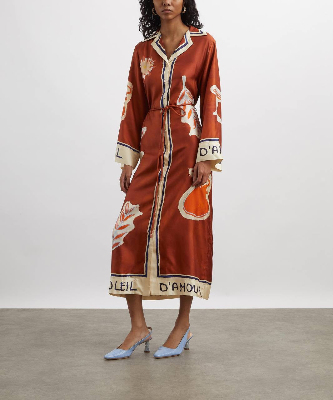 ALM Soleil D'Amour Silk Twill Long Sleeve Shirtdress Midi Dress
