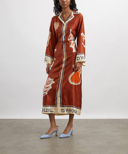 ALM Soleil D'Amour Silk Twill Long Sleeve Shirtdress Midi Dress
