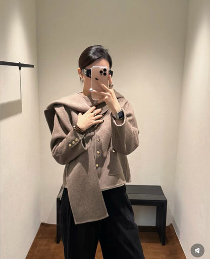 Brown & Camel Short Double-faced Wool-blend Coat Jacket (removable scarf-hood)