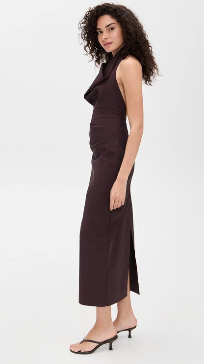 SA Structural Tie Halter Twill Midi Dress