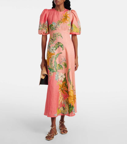 ALM Anika Linen Puff Sleeve Midi Dress