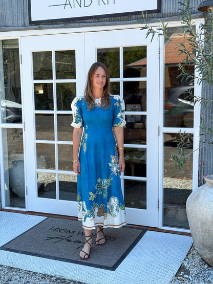 ALM Luda Floral Puff Sleeve Linen Midi Dress