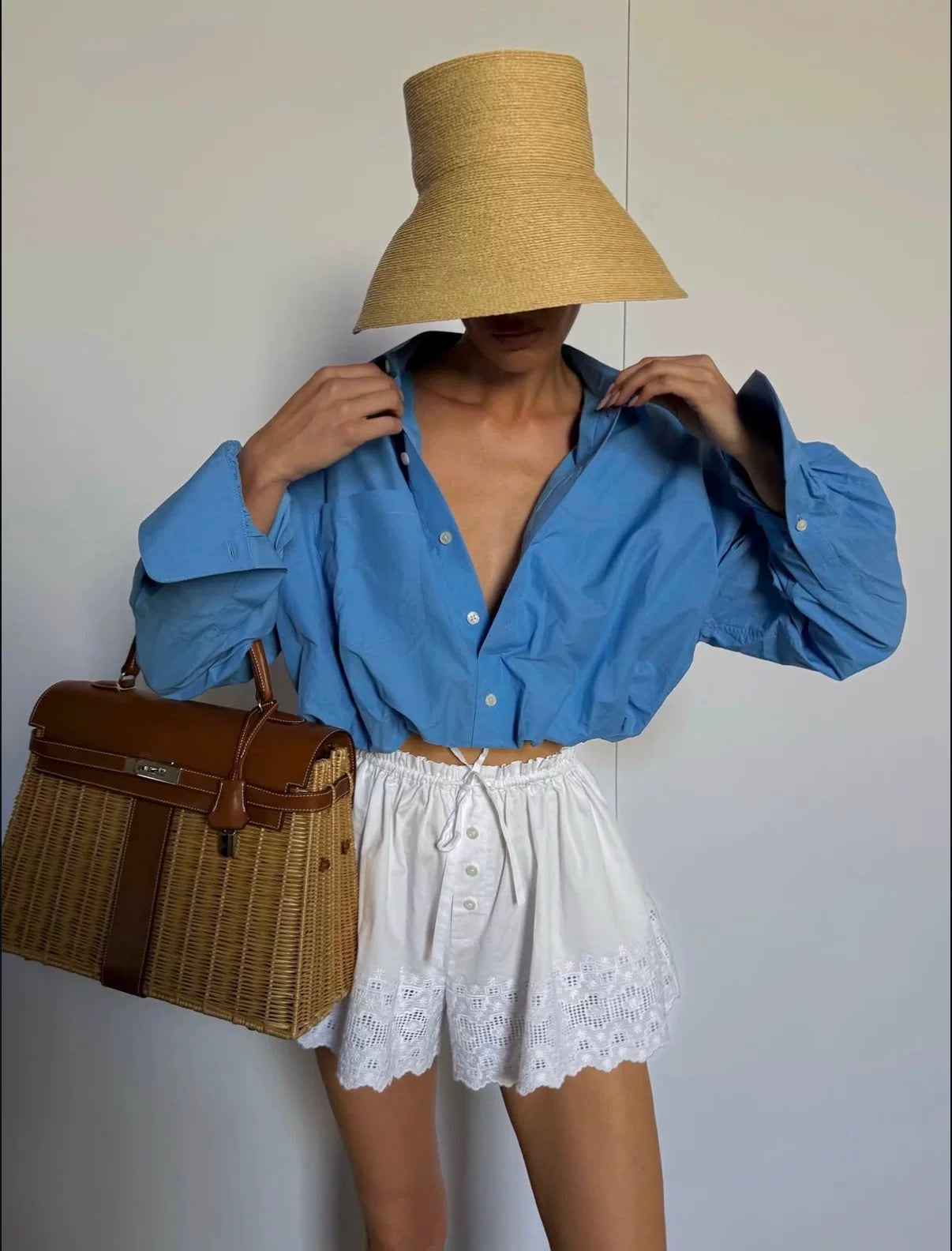 HS The Summer White Overshirt Oversized Shirtdress Shirt | White Shorts w Vintage Swiss Embroidery | Cotton Set