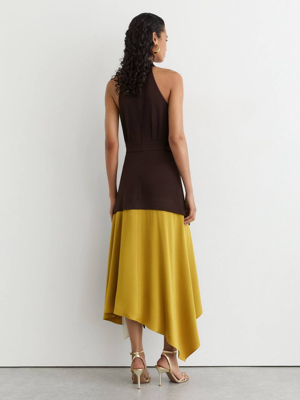 RS Bianca Colour-Block Layered Midi Dress in Brown/Yellow/Cream