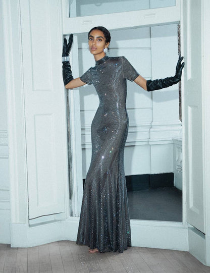 SP Gun Metal Mesh Rhinestone Maxi Dress