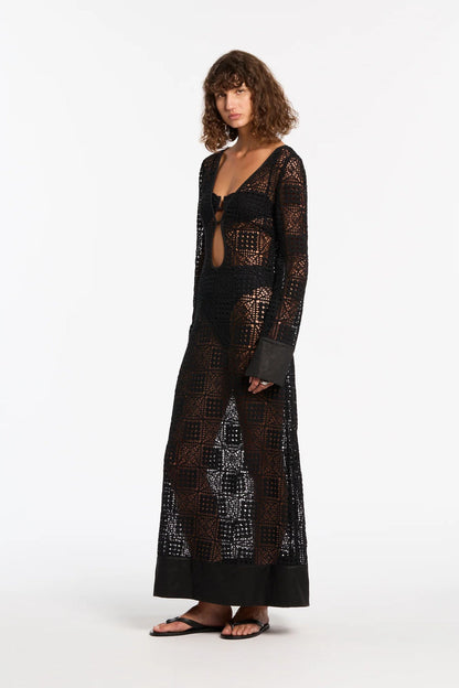 STL Rayure Long Sleeve Maxi Dress in Black Cotton Crochet