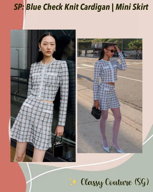 SP Blue Check Knit Cropped Cardigan | Mini Skirt | Set