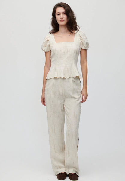 HFM Kira Puff Sleeve Top | Aura Pant Trousers | Scalloped Hem Edge Cotton-linen blend Set