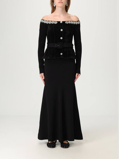 SP Black Chenille Knit Crystal-Trim Off Shoulder Peplum Midi Maxi Dress