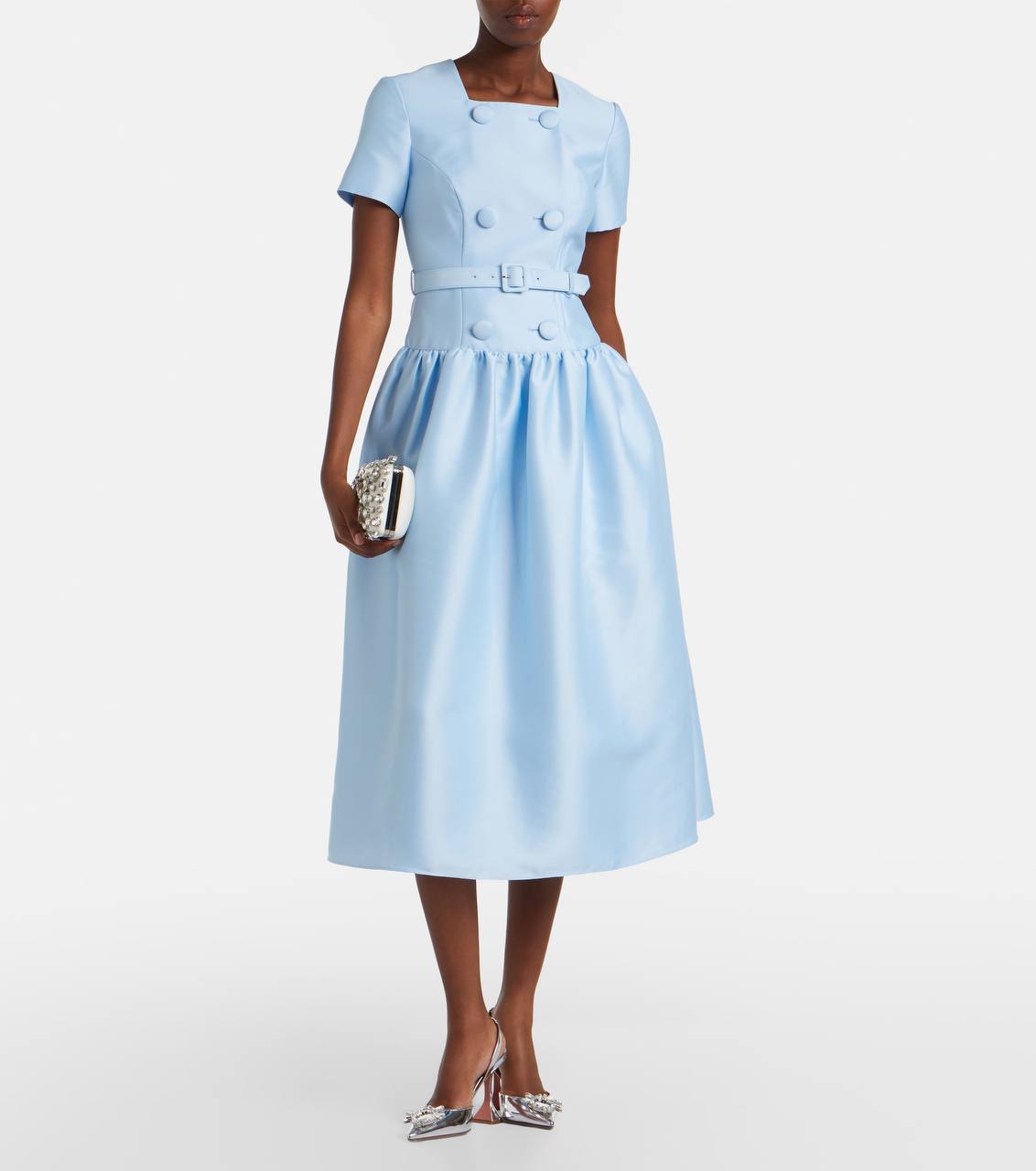 SP Blue Button Front Taffeta Midi Dress