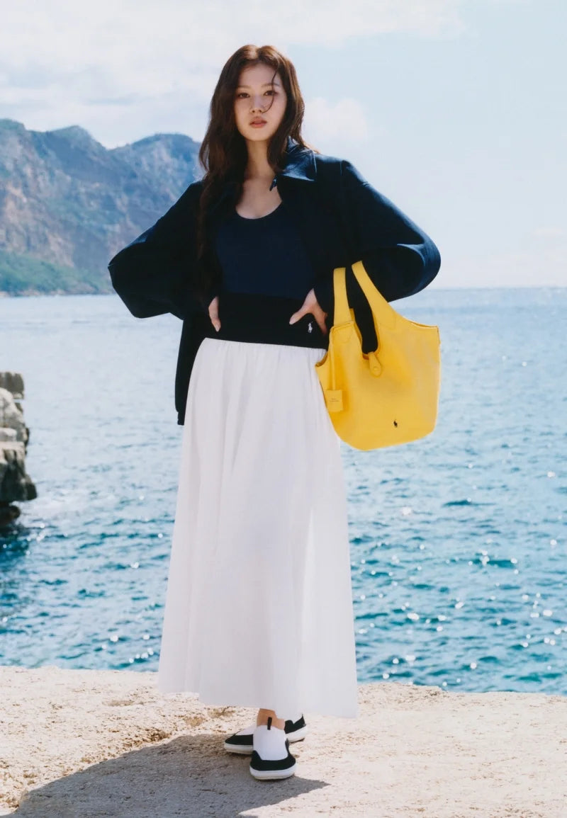 RL Panelled Woven Drop-waist Contrast Cotton A-line Midi Maxi Skirt