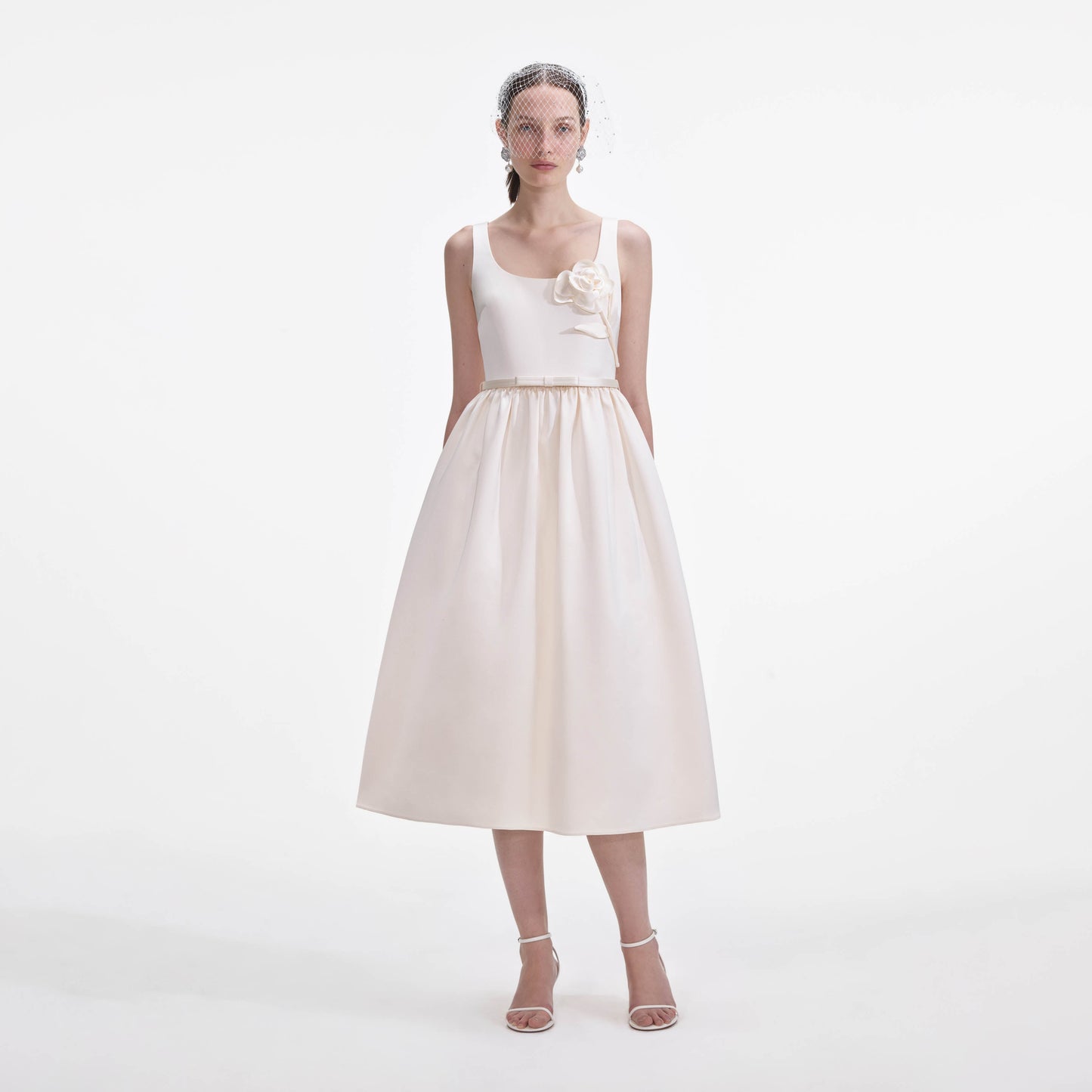 SP Cream 3D Flower Satin Midi Dress
