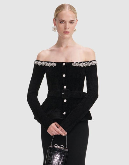 SP Black Chenille Knit Crystal-Trim Off Shoulder Peplum Midi Maxi Dress