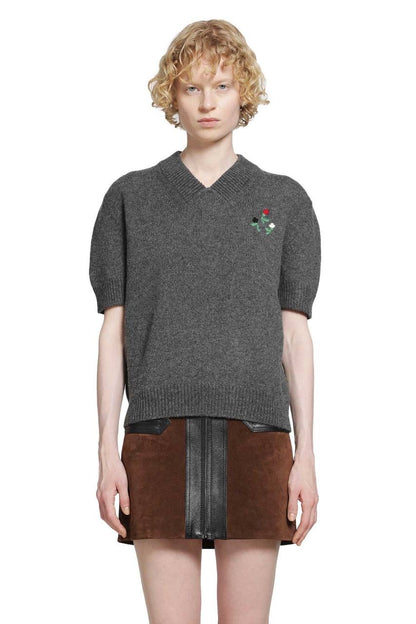 MM Grey Flower-Embroidered Short-Sleeve Wool-cashmere Jumper Top