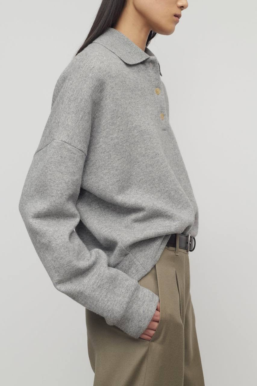 TR Corzas Cashmere-Cotton Polo Sweatshirt Long Sleeve Top in Grey