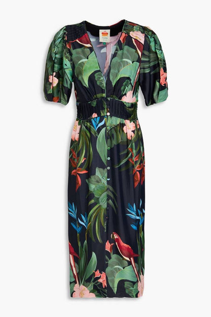 FR Leaf Green/Black Printed Viscose Twill Midi Dress
