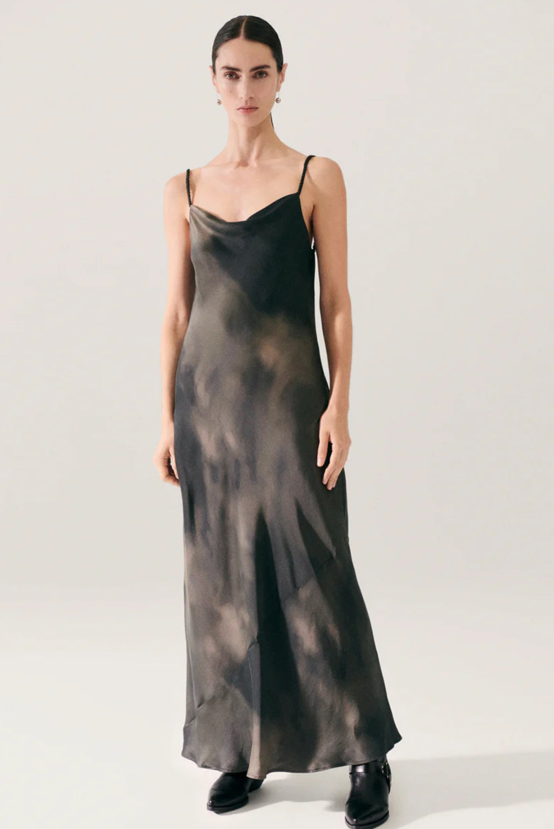 SL Mia Silk Cowl Neck Maxi Dress with open back in Smoke