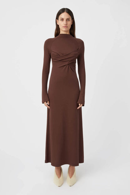 CM Cornell Cotton Long Sleeve Midi Dress in Hickory Brown