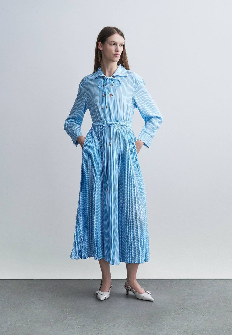 MJ Rossima Pleated Stripe Eyelet Midi Maxi Dress ShirtDress