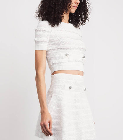 SP White Pointelle Short-Sleeve Sweater Top | Midi Skirt | Set