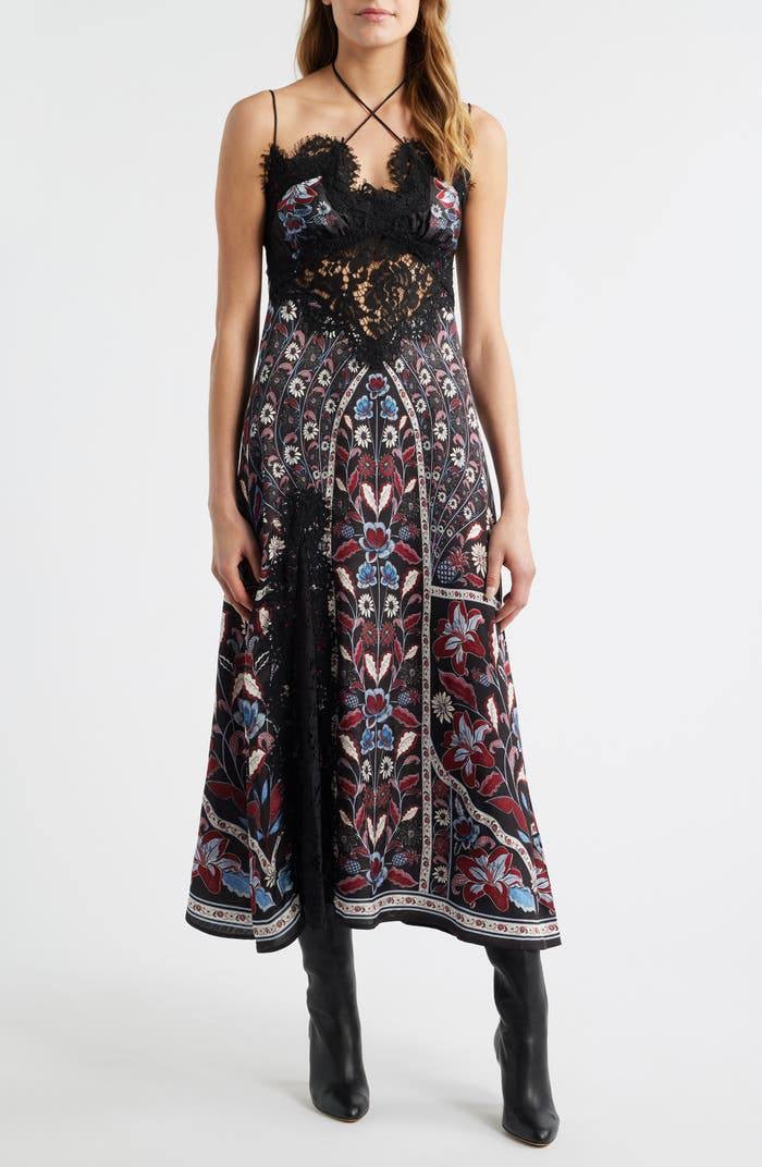 FR Marcelle Eyelash Lace-Trim Halter Viscose Midi Dress