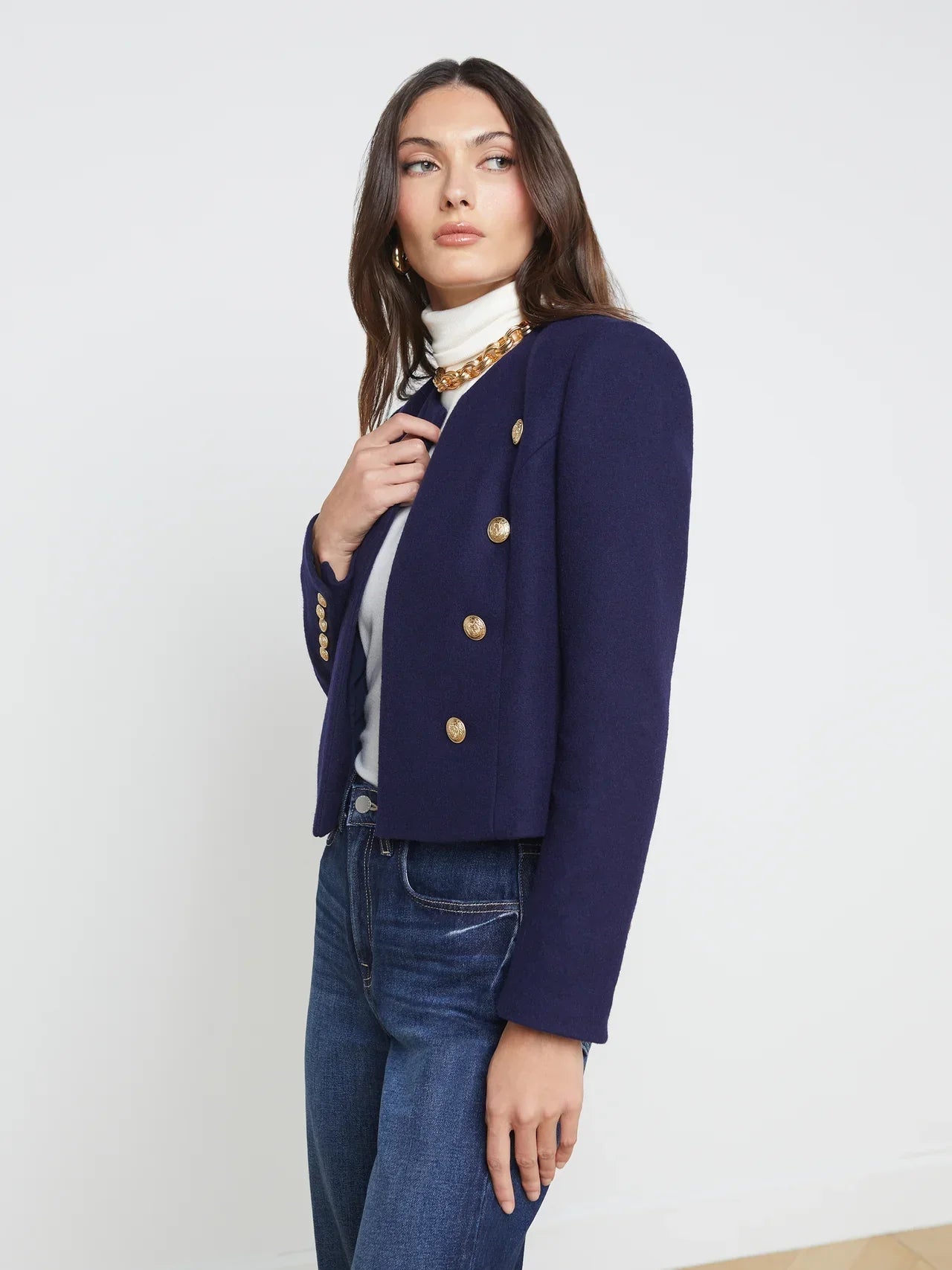 LA True Wool-Blend Collarless Jacket in Midnight