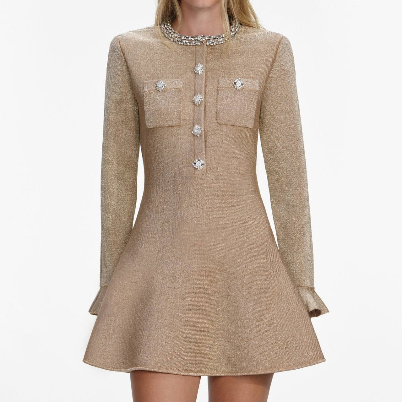 SP Gold Crystal Trim Knit Mini Dress