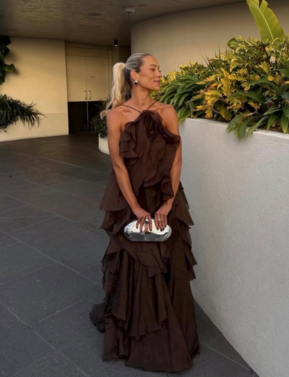 4 Colors! AJ Pandorea Halter Layered Maxi Dress Gown