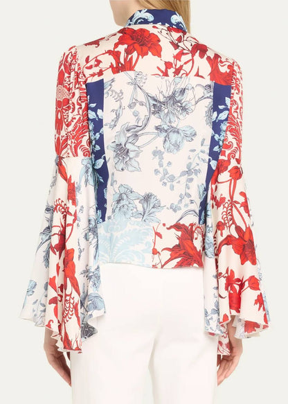 AO Willa Fitted Placket Bell-Sleeve Stretch-Silk Top