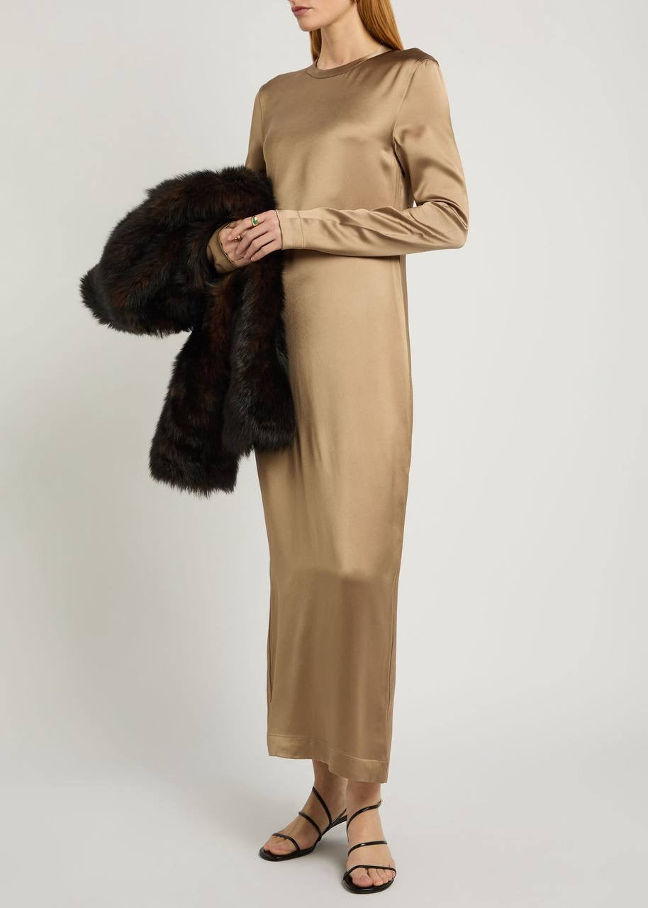 TOT Viscose Satin High-Neck Long Sleeve Midi Maxi Dress