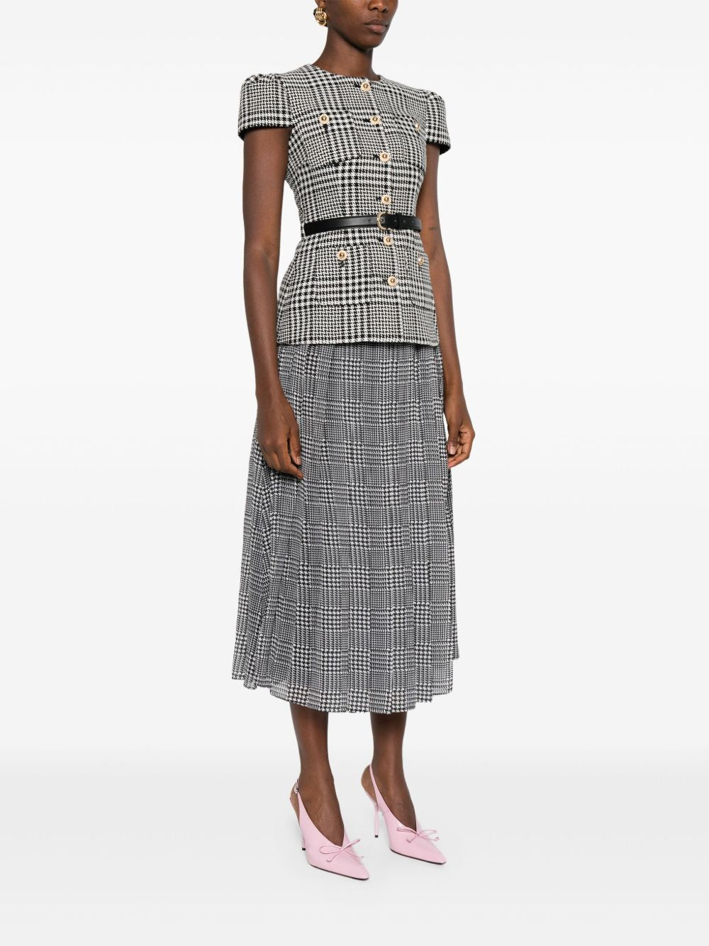 Grey Houndstooth Pleated Short Sleeve Tailored Midi Dress
