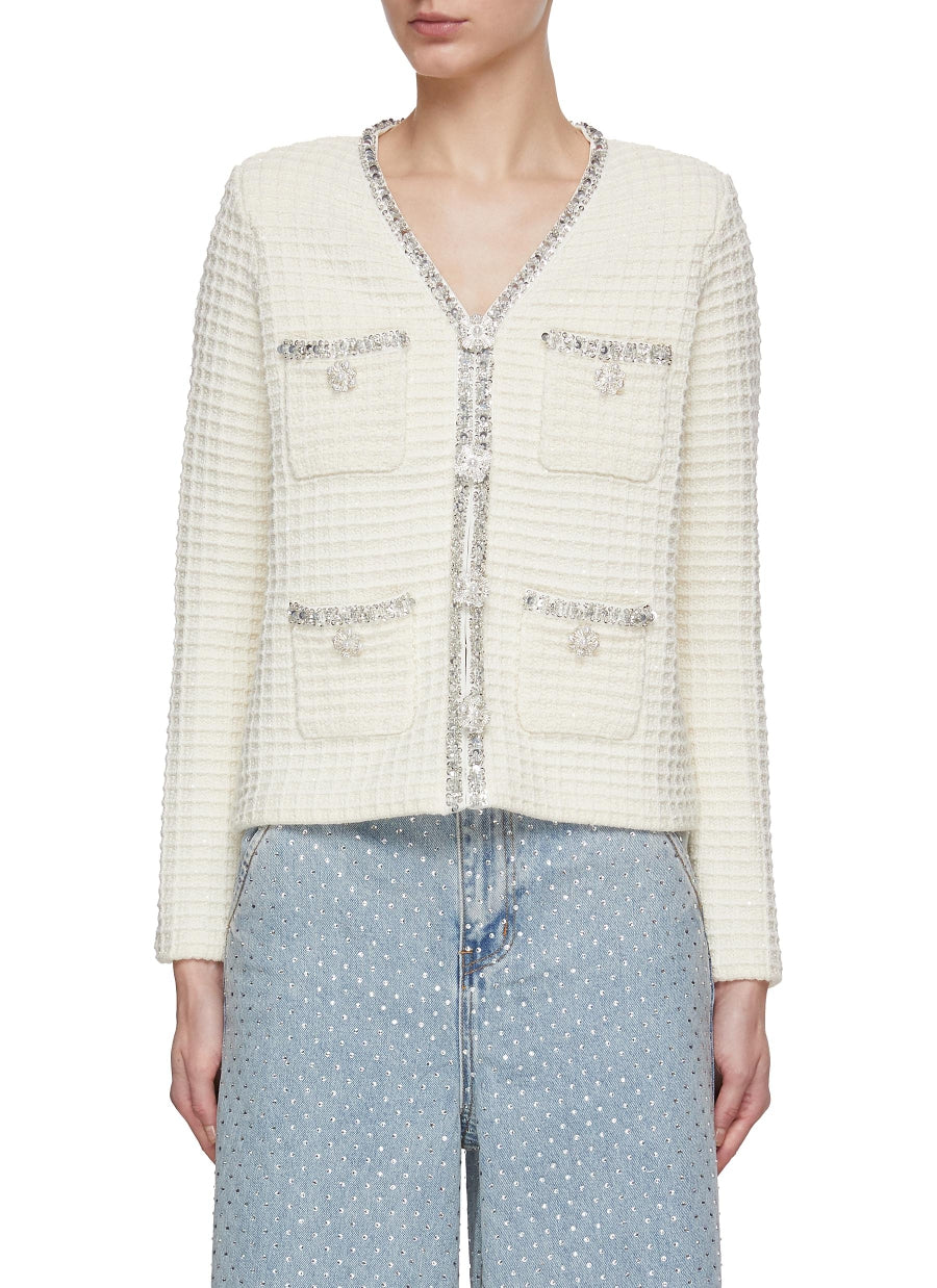 SP Ivory Crystal-Embellished Waffle-Knit Cardigan