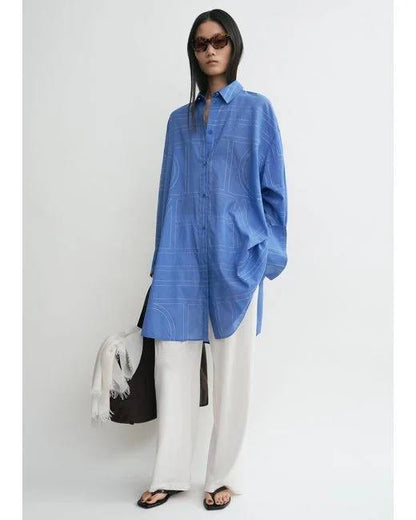 Tot Blue Long Summer Cotton-blend Oversized Shirt Shirtdress Mini Dress
