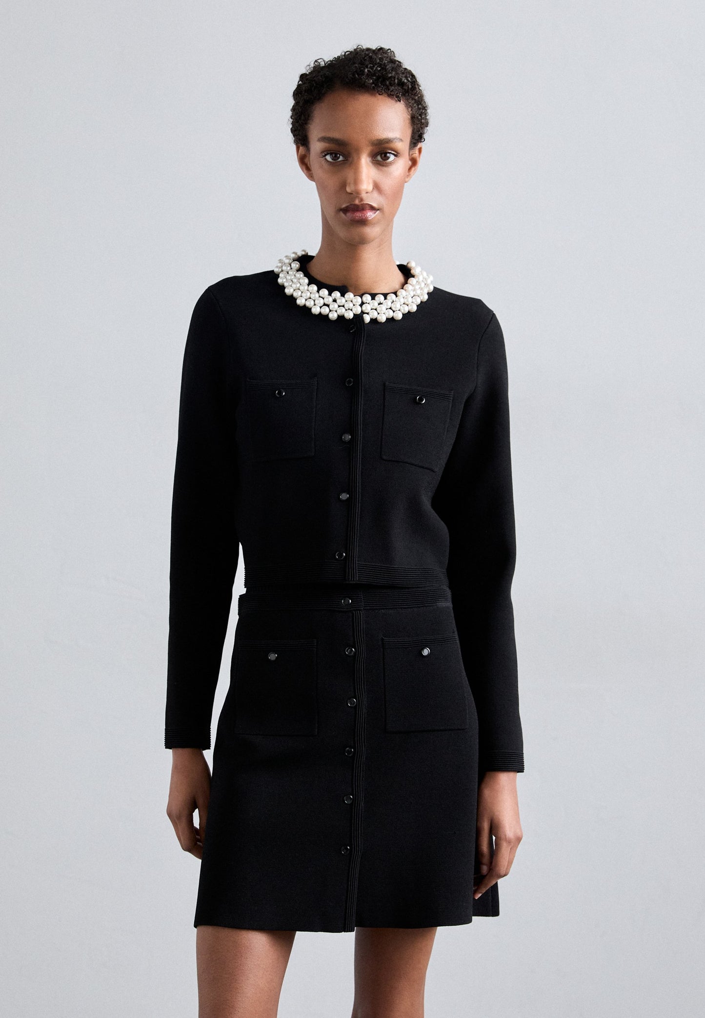 SD Cardigan with Pearl Beaded Collar | Short Knit Mini Skirt | Set