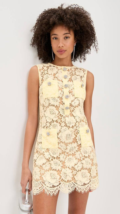 SP Yellow Fine Lace Shift Mini Dress