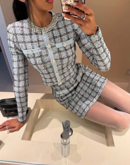 SP Blue Check Knit Cropped Cardigan | Mini Skirt | Set