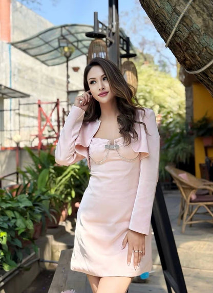 SP Pink Diamante Bow Bustier Satin Mini Dress | Bolero Jacket | Set