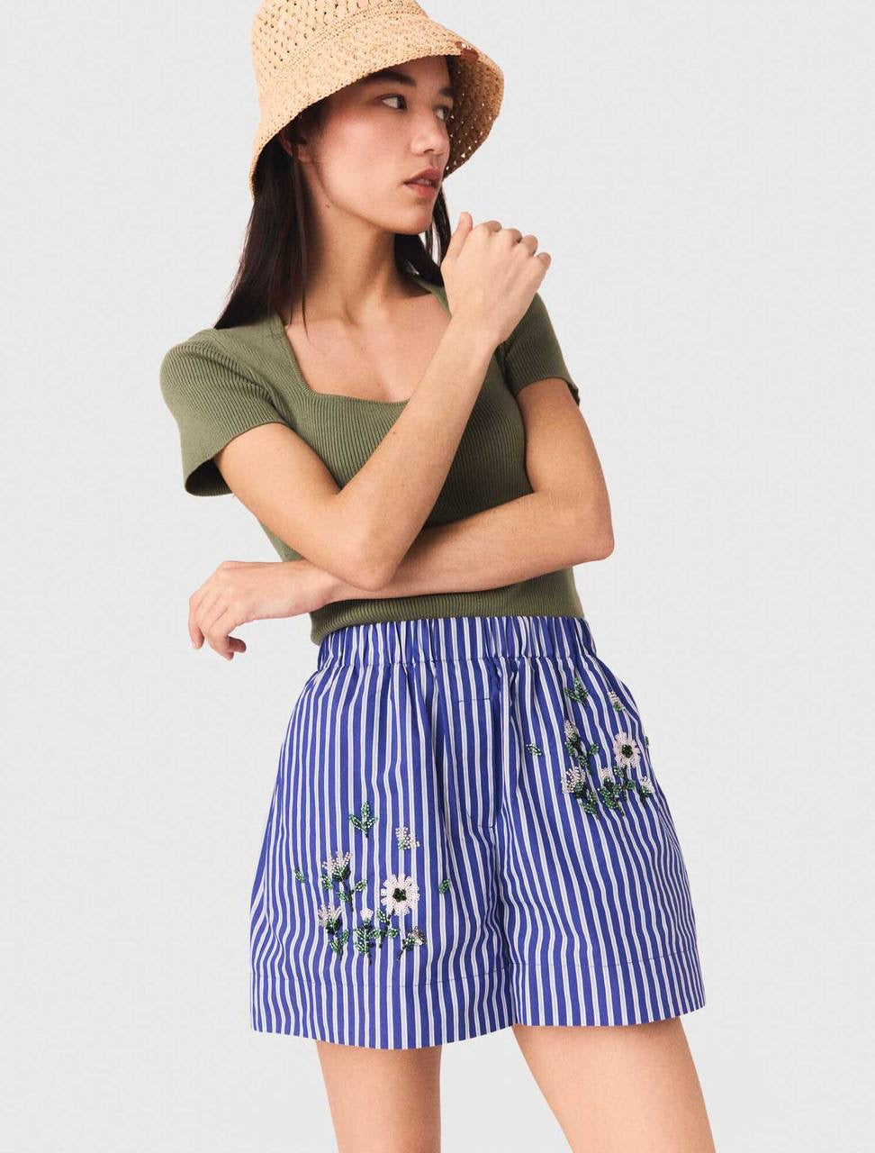 MJ Embroidered Bead Sequin Stripe Shirt | Shorts | Cotton-blend Set