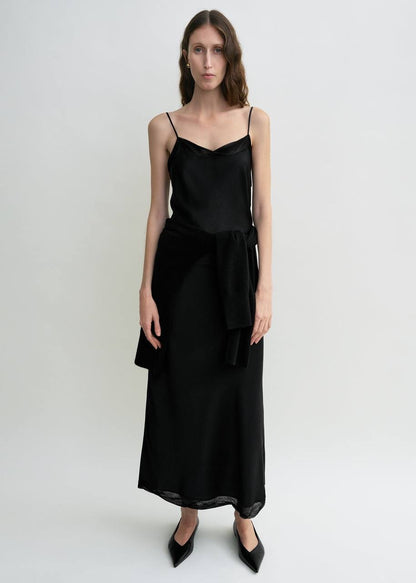 Tot Satin Silk Slip Midi Dress with tulle trims