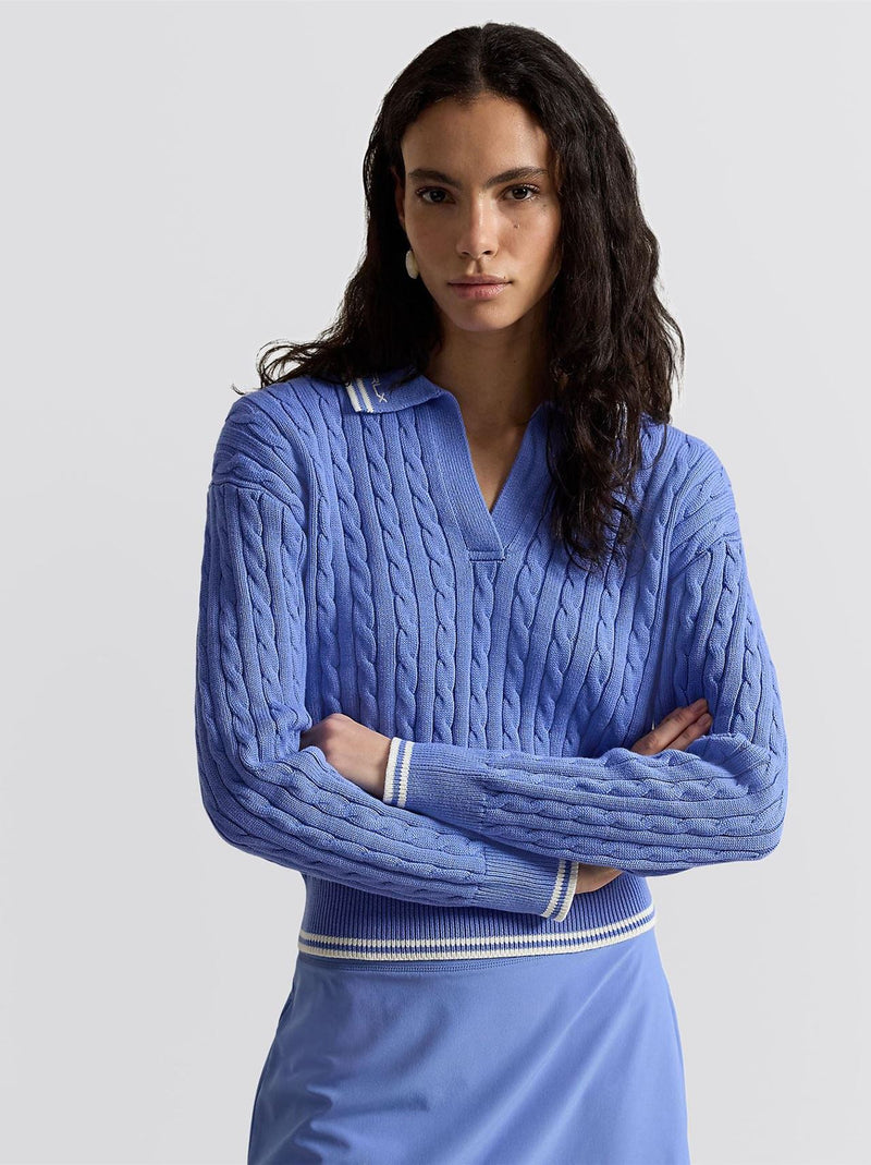 RL Long Sleeve Cotton-blend Cable Knit Polo Open Placket Contrast Sweater Jumper