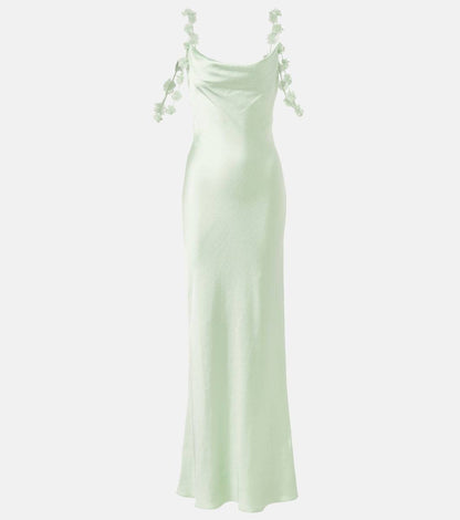 SP Mint Green Floral-Applique Cowl-neck Satin Gown Maxi Dress
