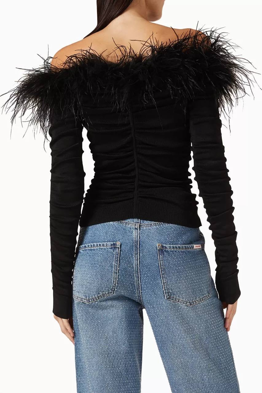 SP Feather-trim Off-shoulder Top in Knit
