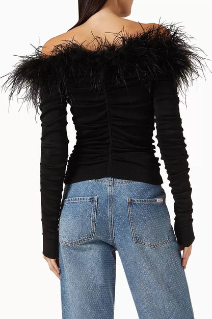 SP Feather-trim Off-shoulder Top in Knit