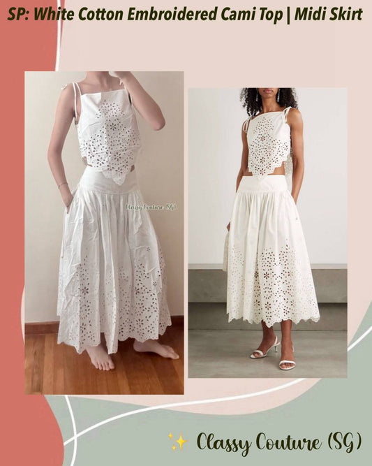 SP White Cotton Embroidered Cami Top | Midi Skirt | Set